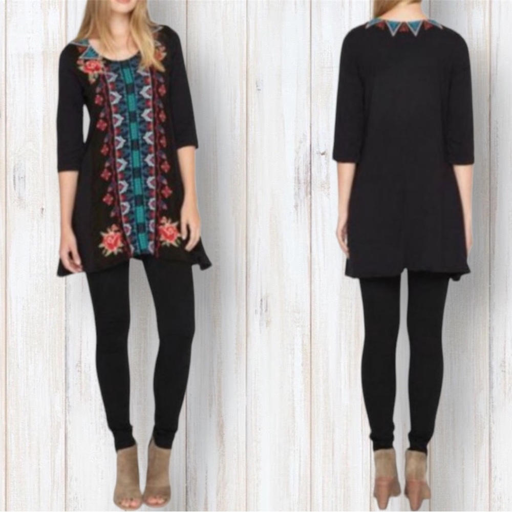 Johnny Was Black Tunic with Teal and Red Floral Embroidery